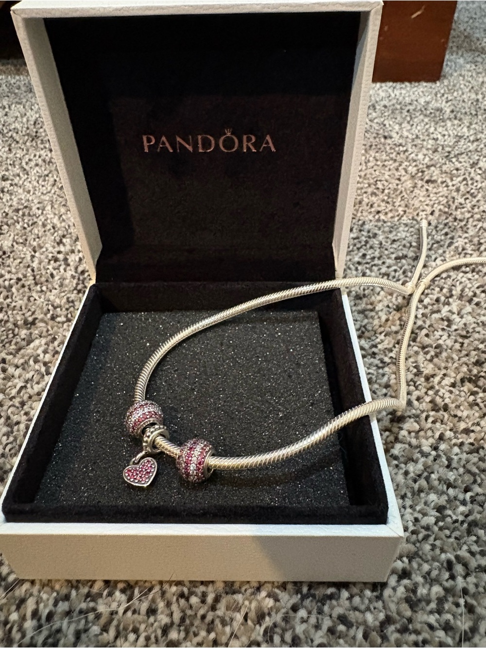 Pandora Silver Necklace with Pink Pavé Heart and Spacers